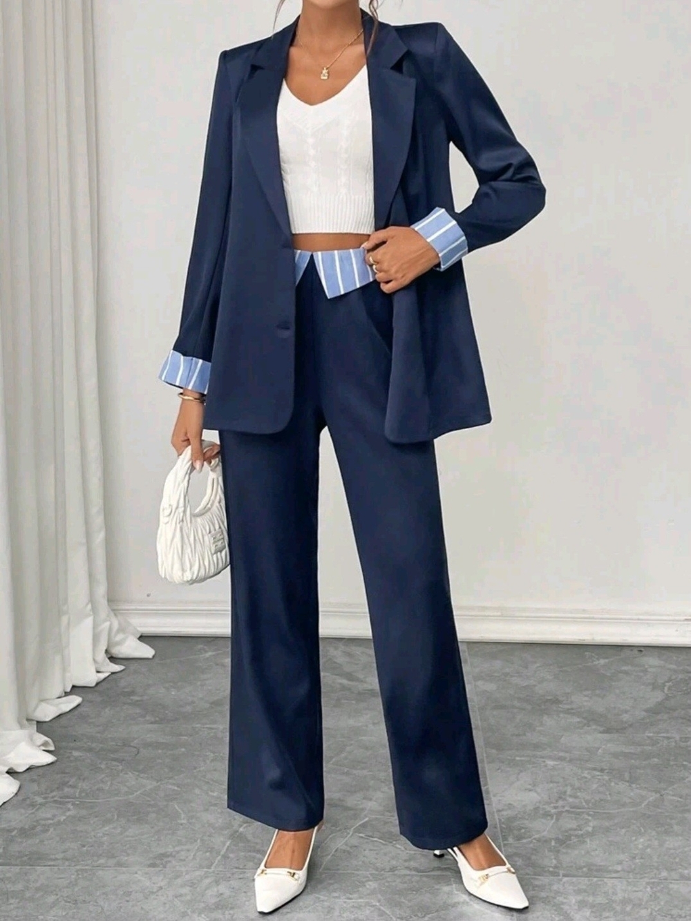 SHEIN Navy Blue Two-Piece Pantsuit with Light Blue Stripe Accents - Picture 3 of 16